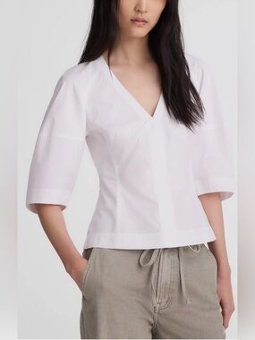Madewell Poplin Cotton White Sculptural V-Neck Top Size 4 NWT